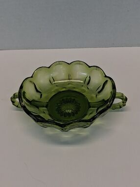 VTG Anchor Hocking Double Handle Nappy Candy Dish 5" Avocado Green Glass 70s GUC